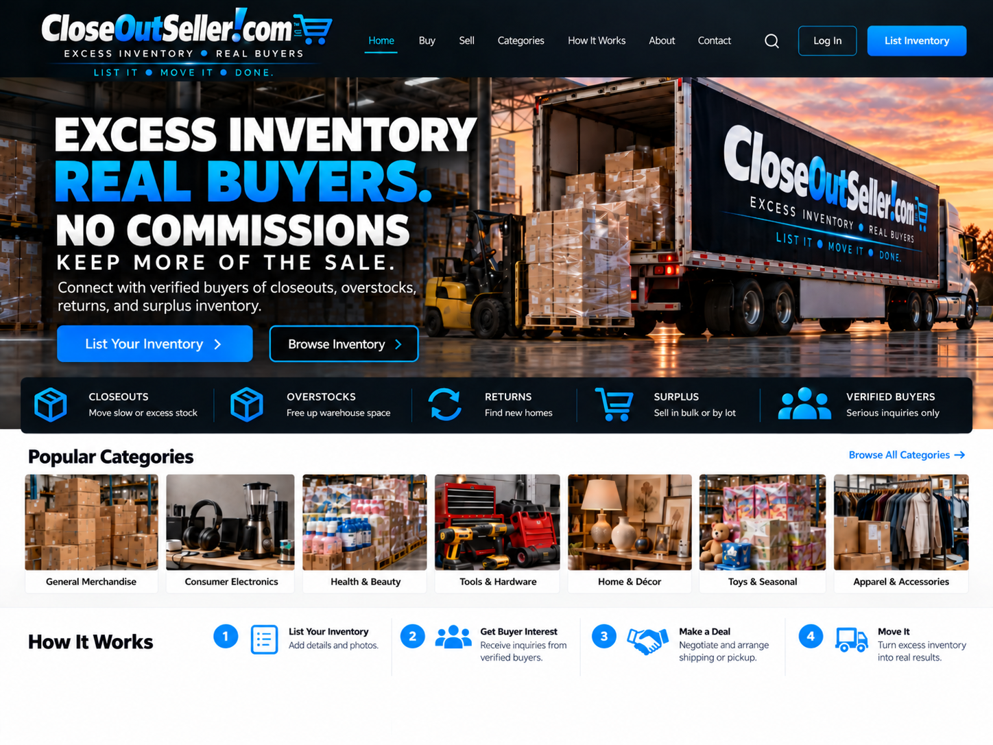 CloseOutSeller marketplace homepage showing excess inventory, real buyers and no commissions.